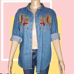 Vtg Cabin Creek‎ Christmas Embroider denim shirt